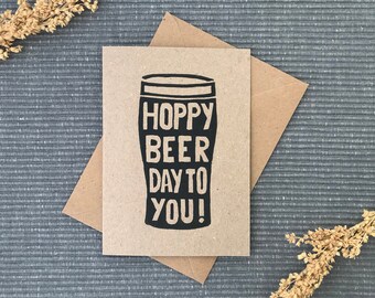 Hoppy Beer Day Card: Linocut Pint Glass, Handmade Birthday Card