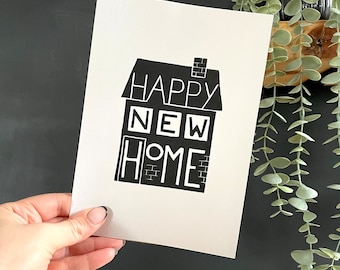 Happy New Home Lino Print: Black & White Housewarming Art (A5)