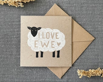 I Love Ewe Sheep Card, Handmade Lino Print Anniversary Card