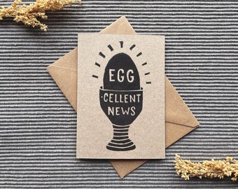 Handmade Eggcellent News Card: Lino Print Congratulations Card