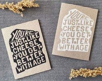 Cheese Birthday Card, Hand-Printed Linocut Food Pun
