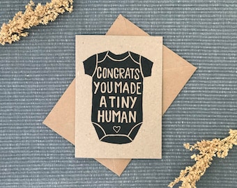 Congrats you made a Tiny Human Card, New Baby, Handmade Lino Print Greeting Card