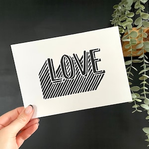 A5 Love Linocut Print, Typography Wall Art,  Handmade Lino print UK, Black and White Home Decor