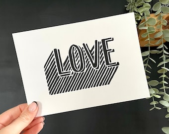 A5 Love Lino Print, Monochrome hand printed wall art, Gallery wall Home Decor