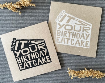 It's your Birthday Eat Cake, Handmade Lino Print Card