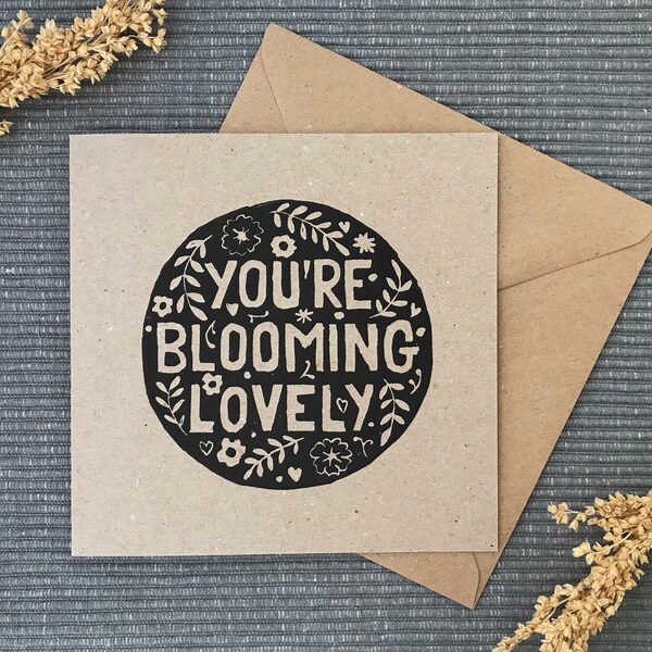 You're Blooming Lovely Lino Print card, Handmade Thank you Card, Blank Note Card, Anniversary Card, Mother's Day Card, Card for Her