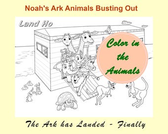 Arche de Noé couleur sur la page – Des animaux sortent de l'arche après l'atterrissage du bateau et la fin du déluge (téléchargement numérique)