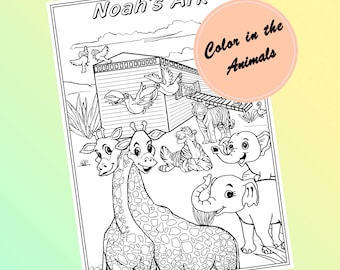 Noah's Ark Coloring Page – Animals Drawing for Kids (Digital Download)