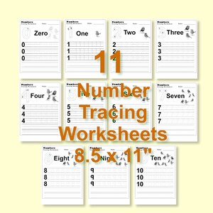 Puede incluir: Un conjunto de once hojas de trabajo de trazado de números de 21,6 x 27,9 cm. Cada hoja de trabajo presenta un número del cero al diez, con líneas de trazado y ejemplos. Las hojas de trabajo están impresas en blanco y negro.