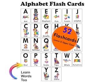 52 Alphabet Flashcards - Upper and Lower case with image clues and words