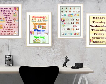 Classroom Poster Bundle - Alphabet, Numbers, Months, Days, Seasons - 9 poster images in total