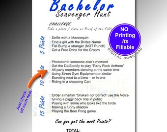 Bachelor Scavenger Hunt Fillable Game Card - Entertain your Mates - Party all Night