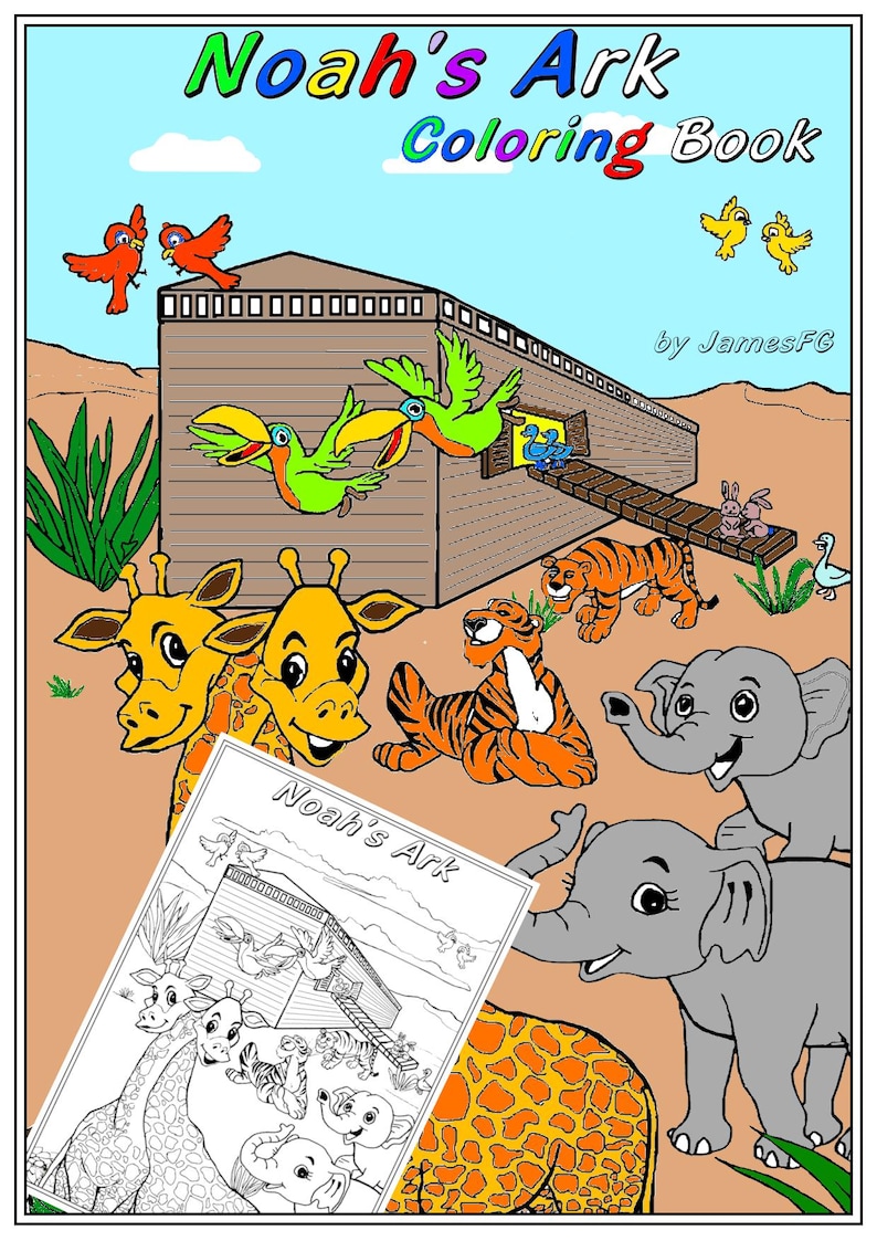 Noah's Ark Coloring Page in Landscape - the Animals Enter the Boat