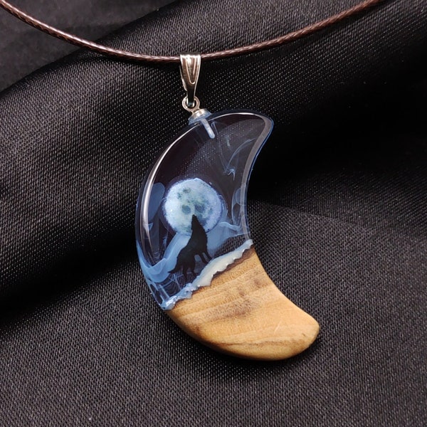 Wolf Necklace, Crescent Full Moon, Shining Moon Necklaces for Man, Valentine's Day Gift, Jewelry for Women, Jewelry, Wood Resin Jewelry