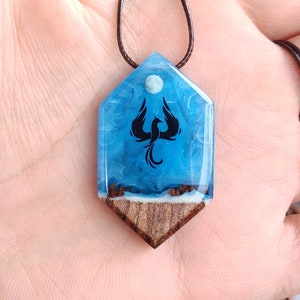 Phosphorus Phoenix Detailed Necklace, Shining Moon Wood Resin Necklace Phoenix, Epoxy Resin Necklace, Handcrafted Necklace