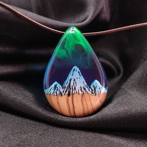 Northern Lights Necklace, Aurora Borealis, Wood Resin Necklace Mountain, Drop Mount Jewelry Necklace, Birth Month Necklace, gift for lover