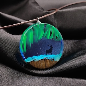 Deer Aurora borealis Wood resin jewelry Northern lights Wood resin necklace Resin wood pendant Glow in the dark Gift for Her Birthday gift