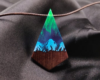 Northern Lights Necklace, Aurora Borealis Jewelry, Wood Resin Necklace Mountain, Blue Jewelry Necklace, Birth Month Necklace, Wood Necklace