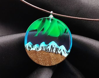 Northern Lights Necklace, Aurora Borealis Jewelry, Necklaces for Women Man, Valentine Gift, Birth Month Necklace, Wood Resin Necklace