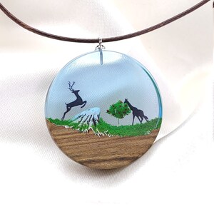 deer necklace, giraffe necklace, deer necklace, wood resin necklace mountain, blue jewelry necklace, diorama necklace, deer jewelry, tree