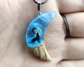 Mystical Handcrafted Wolf Howling at the Moon Epoxy & Wood Crescent Necklace with Mountain Silhouette and Full Moon Glow, Wolf Necklace