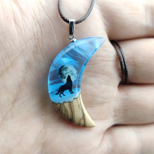 Mystical Handcrafted Wolf Howling at the Moon Epoxy & Wood Crescent Necklace with Mountain Silhouette and Full Moon Glow, Wolf Necklace