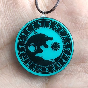 Glow in the Dark Viking Necklace – Fenrir Wolf Pendant with Runes, Handmade Epoxy Jewelry