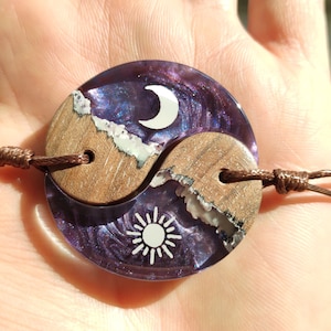 Galaxy-Themed Handmade Resin Necklace,Yin Yang Shape, Sun-Moon Symbols,Perfect Gift for Couples and Loved Ones Lover Gift Wood Resin Jewelry