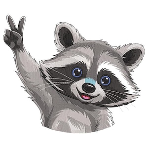 May include: A detailed illustration of a raccoon giving the peace sign. The raccoon has gray and black fur, blue eyes, and a pink tongue. The image is a close-up of the raccoon's face and arm, with a white background.