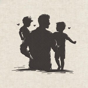 Può includere: Silhouette scura di una persona con due bambini. Uno è sulla spalla, l'altro tiene la mano. L'immagine è su uno sfondo beige chiaro, evocando una scena familiare.