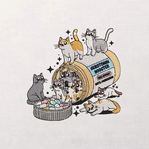 Pill Bottle Cats Embroidery Design, Whimsical Kittens, Mood Booster Theme, Cute Patch Pattern, Jacket Hoodie Tote, Digital Machine Stitch