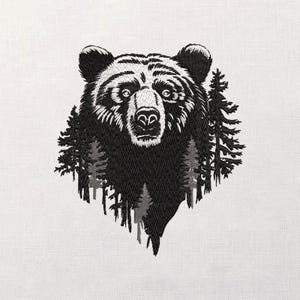 May include: Black and white embroidered bear face with a forest scene. The bear's fur is detailed with intricate stitching, and the trees are silhouetted behind it. The design is on a white fabric.