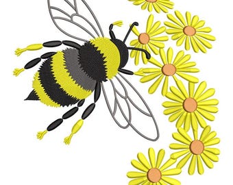 Hummel mit Gänseblümchen Stickdatei, Retro Floral Stickdatei, Biene und Blumen, Frühling Muster, Instant Download