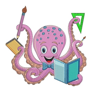 May include: A cartoon octopus with a pink body, blue spots, and a bow tie. It holds a pencil, a paintbrush, a protractor, and a book. The octopus has a smiling face with big blue eyes.