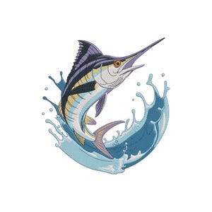 May include: An embroidered design of a marlin fish leaping out of a circular splash of blue water. The marlin features shades of dark blue, light blue, and yellow, with a prominent pointed bill, a large dorsal fin, and a detailed eye.