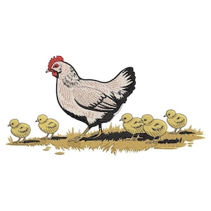 Archivo de bordado de gallinas y pollitos, patrón de bordado a máquina de pollos de granja, descarga de diseño de aves de corral campestres