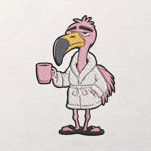 Grumpy Flamingo Embroidery Design, Sleepy Bird In Robe, Morning Coffee Humor, Funny Machine Embroidery Pattern