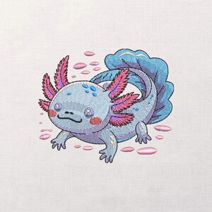 May include: Embroidered axolotl design in light blue, pink, and purple. The aquatic salamander has pink gills, a blue frilled tail, and pink spots. The design is on a white background with pink bubble accents.