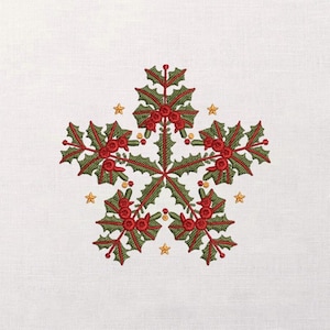 May include: Embroidered Christmas design featuring a star-shaped holly and berry pattern. The design includes green holly leaves with red berries and red accents, surrounded by small gold stars, all on a white background.