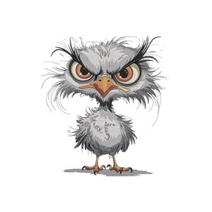 May include: A digital illustration of a small, grey, fluffy bird with a messy, unkempt appearance. The bird has large, intense orange eyes, a sharp yellow-orange beak, and a stern, angry expression. Its feathers are spiky and disheveled.