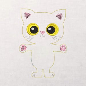 May include: Embroidered white cat design with large yellow eyes, pink nose, and pink paw pads. The cat's ears have pink and black striped accents. The design is stitched with yellow thread on a white fabric background.