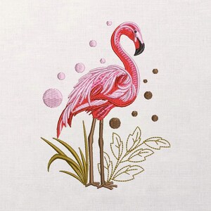 Flamingo Embroidery Design, Tropical Bird Pattern, Satin Fill Stitch, Leaf Accent Motif, Boho Dots, Summer Decor, Machine Embroidery File