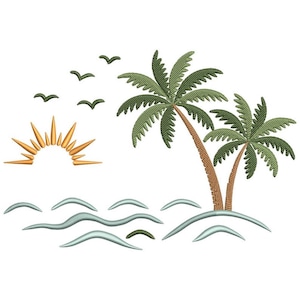 May include: Embroidered design featuring a tropical beach scene. Two palm trees with green fronds and brown trunks stand on a small island. The sun is setting, and birds fly above the ocean waves. The design is in shades of green, brown, and gold.