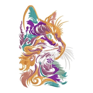 May include: A colorful cat profile design featuring intricate patterns in shades of gold, purple, teal, and peach. The artwork showcases a stylized feline head with detailed whisker and eye elements, set against a white background.