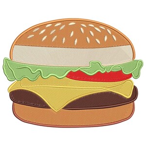 May include: An embroidered burger design featuring a sesame seed bun, lettuce, tomato, cheese, and a beef patty. The burger is rendered in shades of brown, yellow, red, and green, with detailed stitching.