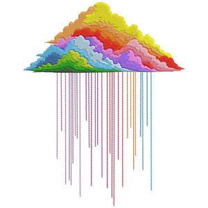 May include: A colorful embroidered design of a cloud with rainbow hues, including yellow, orange, red, pink, purple, blue, and green. Vertical lines of various colors descend from the cloud, resembling rain. The design is set against a white background.