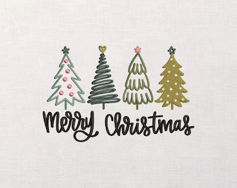 May include: Embroidered design featuring four Christmas trees in green and gold, each with a unique style and star or heart toppers. The words "Merry Christmas" are written in a stylish script below the trees, all on a white background.