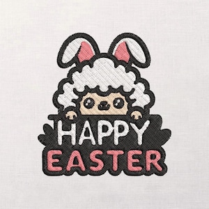 May include: Embroidered design featuring a sheep with bunny ears, peeking over a black banner with the words "HAPPY EASTER" in white and pink. The sheep has a white, fluffy body and pink inner ears. The design is on a white fabric.
