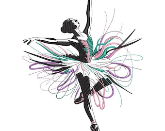 May include: An embroidered design of a ballerina in a graceful pose. The dancer is depicted in black and white, with accents of teal, pink, and purple in the tutu and flowing lines. The ballerina is wearing pink pointe shoes.