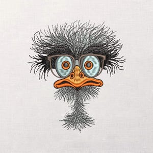 May include: Embroidered image of an ostrich wearing glasses. The ostrich has a gray and black feathered head, an orange beak, and a gray beard. The glasses have a dark brown frame and blue lenses. The image is on a white background.